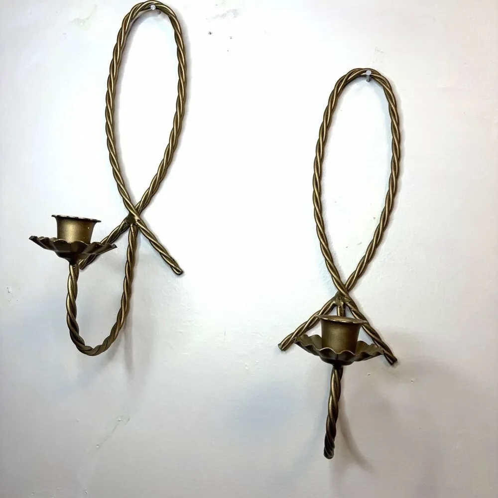 Set of 2 Home Interior Homco Metal Twisted Gold Rope Candle Holder Wall Sconces